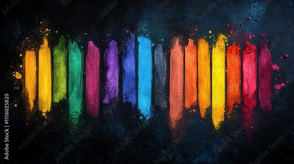 Poster various colored powders form an eye-catching array on a dark surface, emphasizing vivid hues and cre