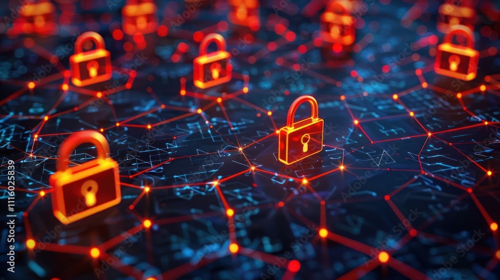 Poster a digital network with glowing padlocks symbolizing cybersecurity and data protection.