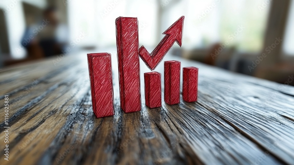 Aufkleber red bar charts display growth metrics on a rustic wooden table in a bright, modern workspace. the up