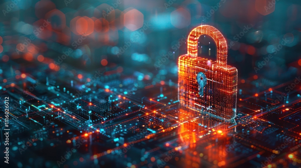 Poster a digital lock symbolizing cybersecurity on a network background.