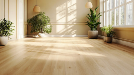 Fototapeta premium renovated room with cream colored walls and light wood-grain vinyl flooring and light coming from windows