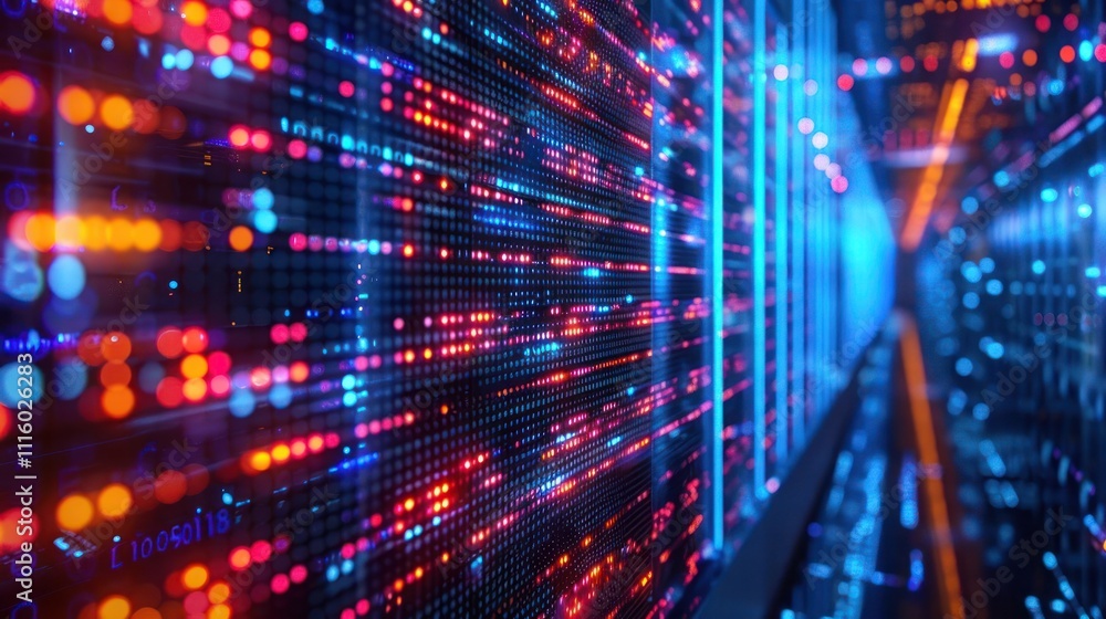 Poster a vibrant digital landscape with glowing data streams representing technology and information.