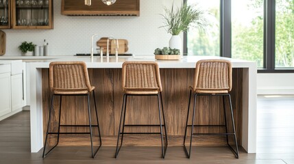 Three rattan bar stools at kitchen island.