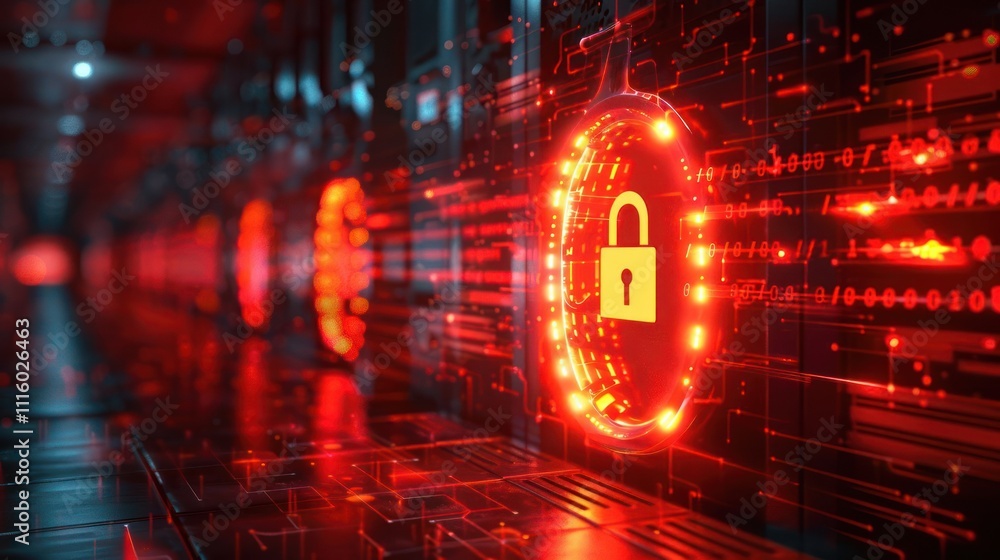 Poster a digital representation of cybersecurity with a glowing padlock symbolizing protection.