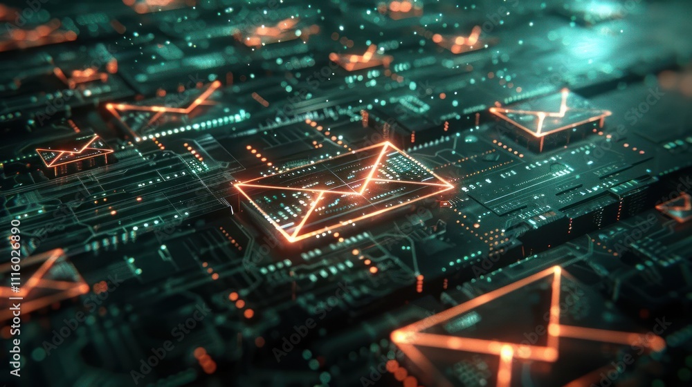 Poster digital representation of email communication on a circuit board background.