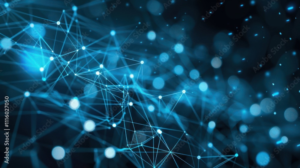 Poster abstract digital network with glowing blue nodes and connections on a dark background.