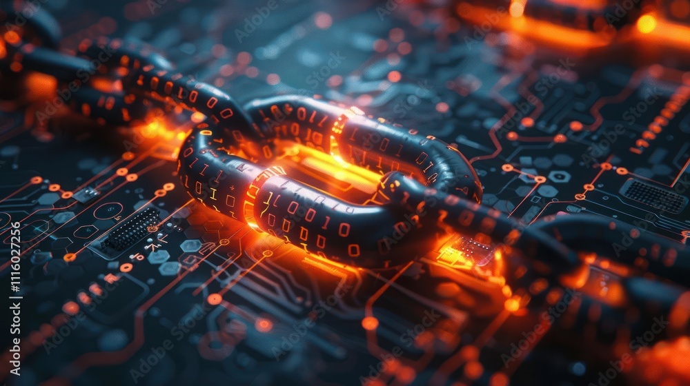 Poster a close-up of glowing chains on a circuit board, symbolizing blockchain technology.