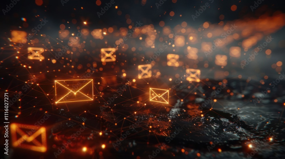 Poster abstract representation of digital communication with glowing email icons and network connections.