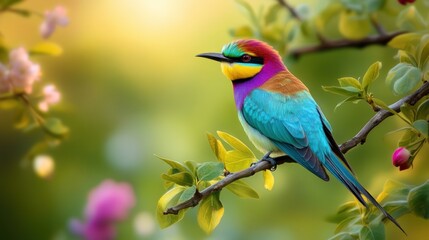 Fototapeta premium Rainbow-colored bird perched on flowering branch.