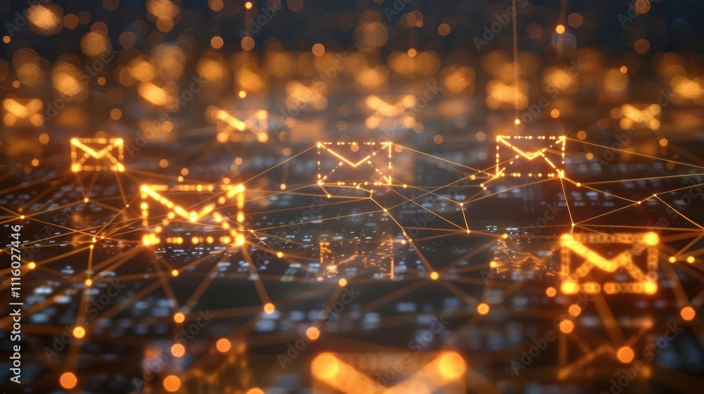 Poster abstract representation of digital communication with glowing email icons and connections.