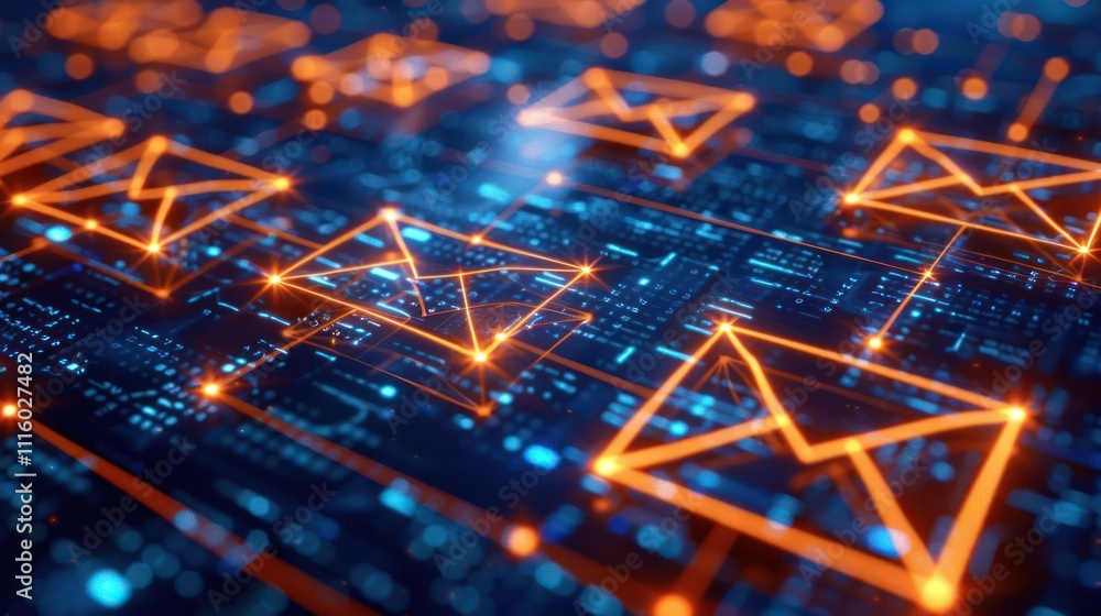 Aufkleber digital representation of email communication with glowing icons and circuit patterns.
