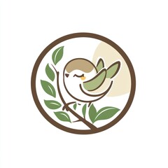Fototapeta premium Here's a possible and keyword list for your image.. Cute cartoon bird perched on a branch in a circular frame.
