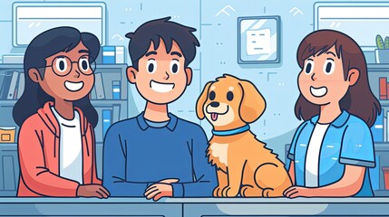 Cute illustration of a happy family with children and pets, including dogs and cats, surrounded by greenery and playful vibes.
