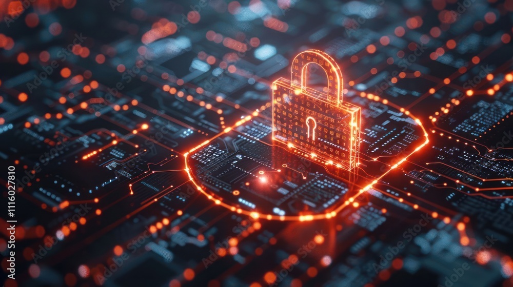 Aufkleber digital lock symbolizing cybersecurity on a circuit board background.