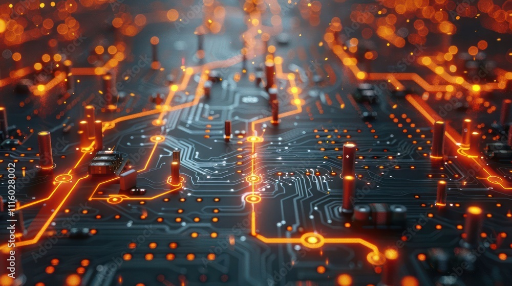 Poster a close-up view of a circuit board with glowing connections, showcasing technology design.