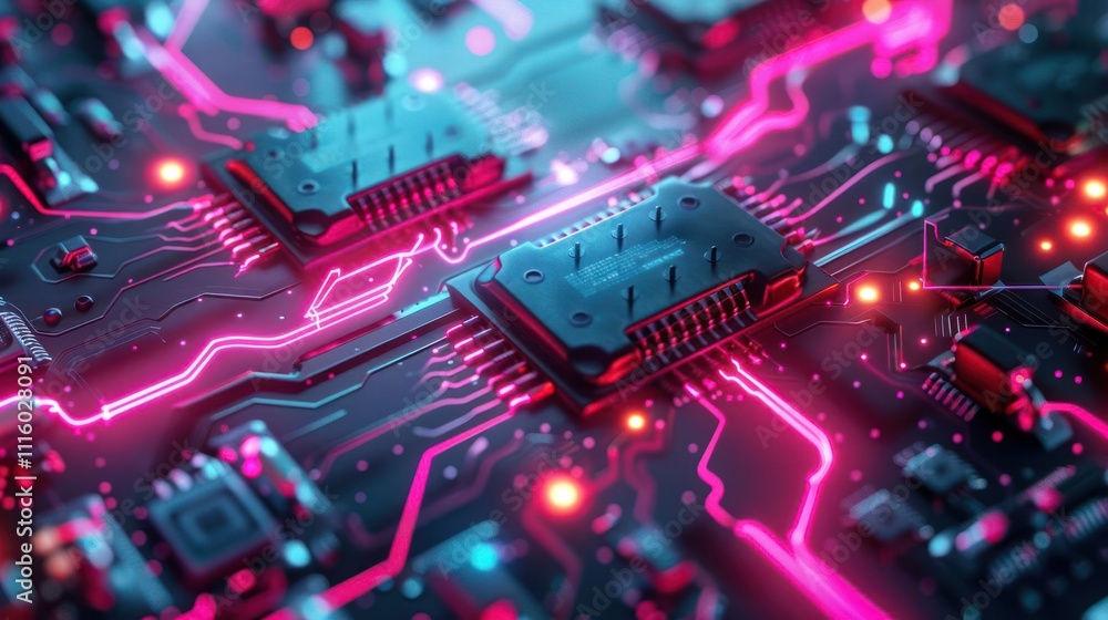 Poster a close-up of a circuit board with vibrant neon colors and intricate connections.