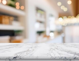 empty white table top counter desk background over blur perspective bokeh light background white marble stone table shelf and blurred kitchen restaurant for food product display mockup template
