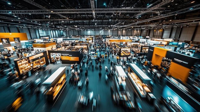 Aerial View of a Busy Trade Show Exhibition in a Large Arena. captures the vibrant atmosphere of a business exhibition, showcasing interactions and corporate branding.