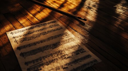 Classical music notes on single wooden stands show elegance, embodying the timeless beauty and intricate art of orchestral works