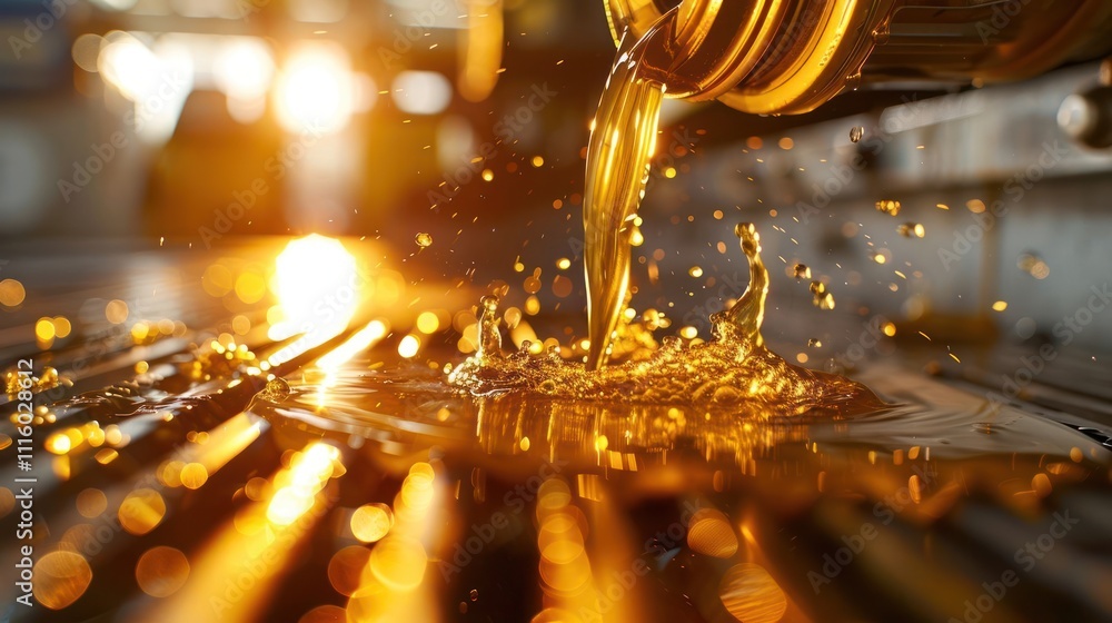Poster a close-up of golden liquid being poured, creating splashes and reflections in light.