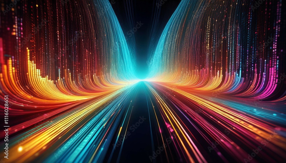 Poster abstract digital binary data stream with vibrant colors and motion effects