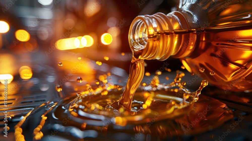 Poster a bottle pouring liquid, creating splashes on a surface.