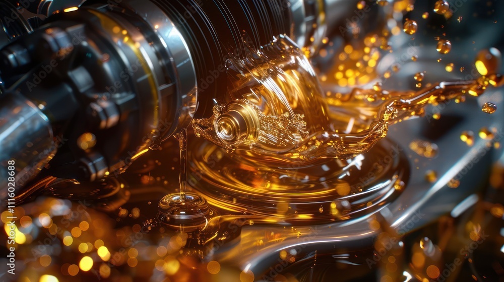 Poster close-up of engine components with oil splashing, highlighting mechanical precision and fluid dynami