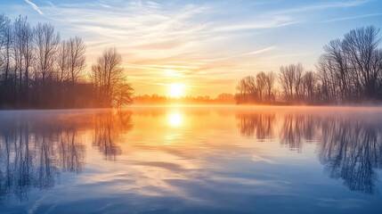 Obraz premium A peaceful lake at sunrise with mist rising from the water, creating a serene and tranquil atmosphere