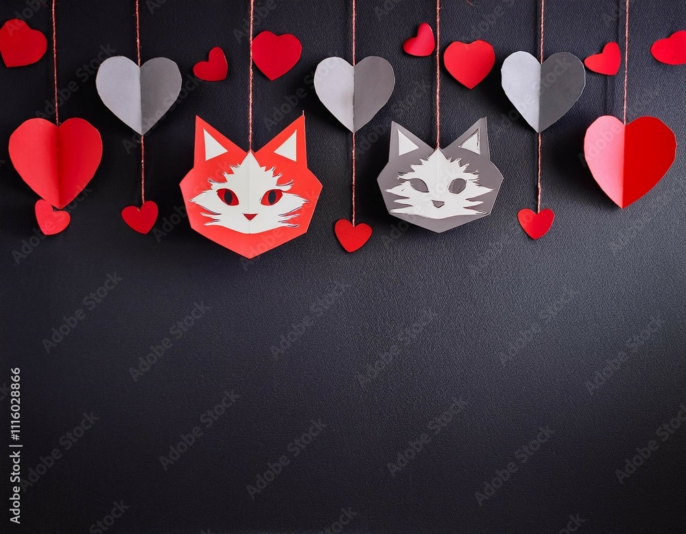 Poster decorative red and gray heart shaped paper cutouts hanging on strings against a dark background feat