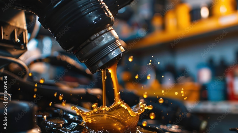 Aufkleber close-up of oil pouring into an engine, creating splashes and highlighting mechanical work.