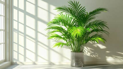 A large green plant stands in a modern pot against a light-colored wall, basking in bright daylight that filters through nearby windows, casting soft shadows