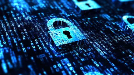 Abstract digital security concept with multiple glowing padlocks on binary code background.