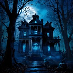 Fototapeta premium Eerie Haunted Mansion on a Spooky Halloween Night Underneath a Full Moon in a Dark Forest
