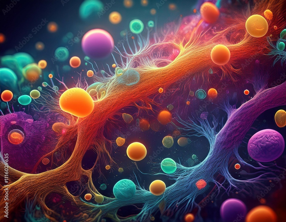 Poster vibrant cells and microstructures a closeup on microscopic biology colorful cell structures microsco