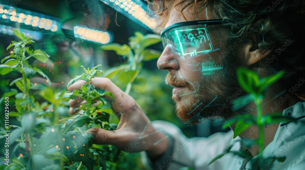 Poster a scientist examines plants with augmented reality technology in a lab setting.