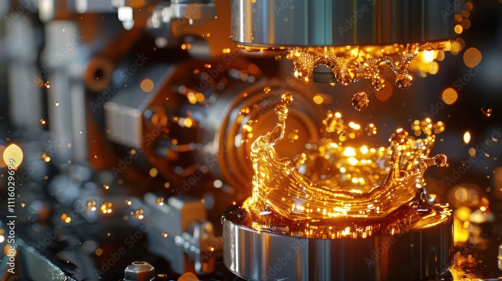 Poster a close-up of a machine creating a splash of liquid, showcasing industrial processes.