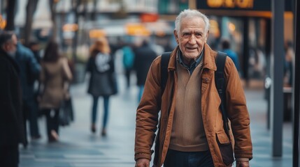 Fototapeta premium Elderly man walking confidently through a busy urban street showcasing active living