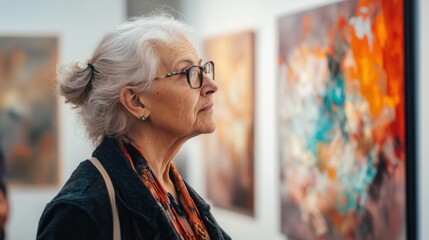Elderly woman experiences modern art exhibit with thoughtful appreciation for abstract works