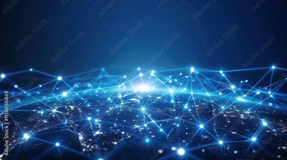 Poster a digital representation of a connected world with glowing network lines over a globe.