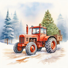 Obraz premium Vintage Red Tractor with Christmas Tree in Winter Landscape