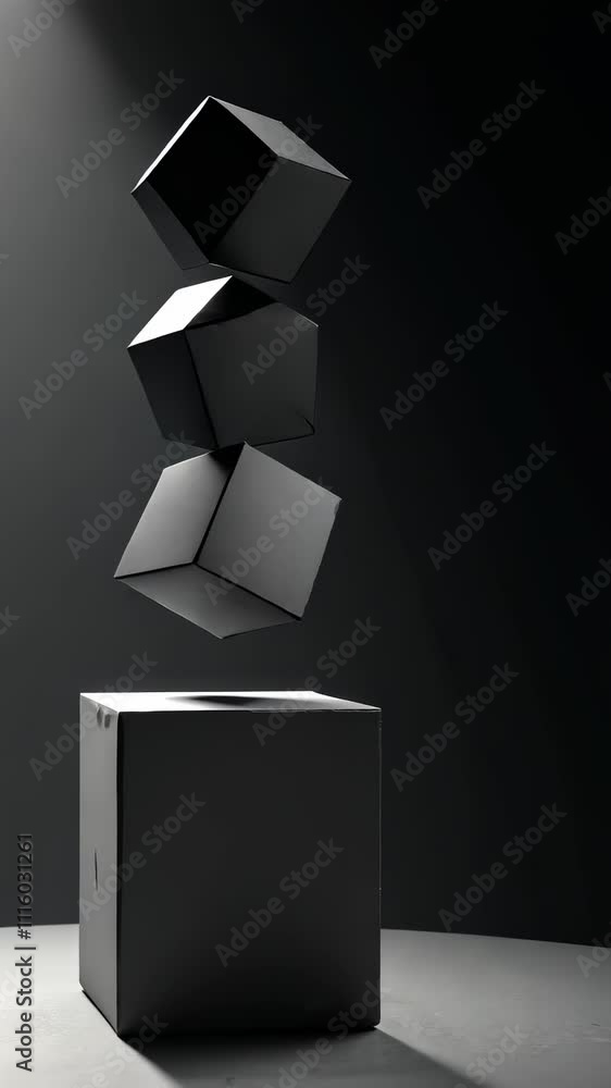 Poster floating black cubes create an illusion of weightlessness in a dark studio