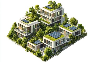 Eco-friendly modern houses with green roofs and solar panels.