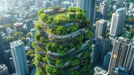Obraz premium A futuristic building covered in lush greenery, emphasizing sustainable architecture.