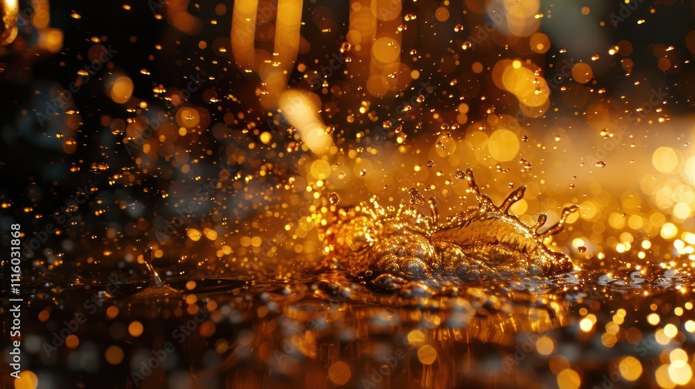 Poster a close-up of water splashing with golden bokeh, creating a dynamic and vibrant scene.