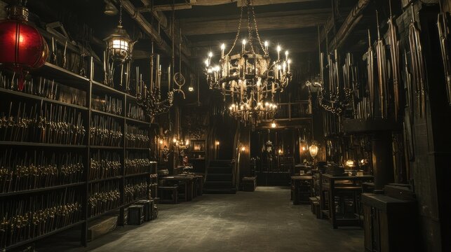 Dark, mysterious armory with shelves of weapons, chandelier, and lanterns.