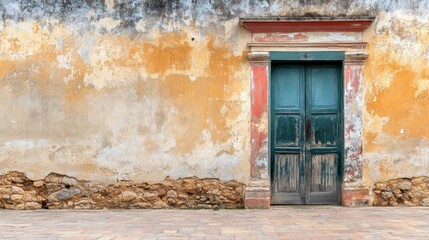Weathered Facade with Vibrant Turquoise Door