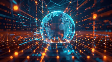 Obraz premium A digital representation of a globe surrounded by data streams and connections.