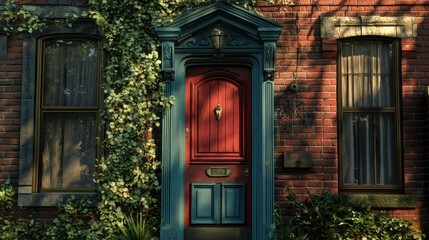 Charming Red Door in Brick Building with Greenery
