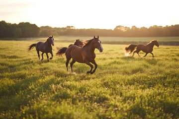 Obraz premium Majestic horses running freely in a sunlit field. The golden hour captures their grace and strength. This image conveys freedom and beauty. Generative AI
