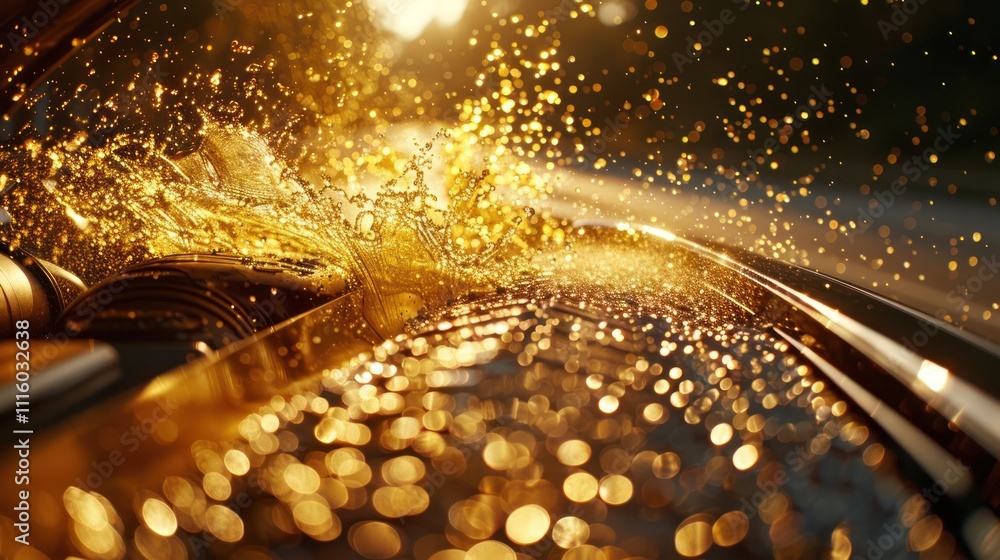 Poster a dynamic splash of liquid creating a golden effect in a vibrant setting.